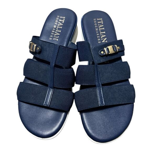 Italian Shoemakers Heels Slip On Blue Open Toe Wedge Sandals Women's Size 8.5 - Picture 1 of 9